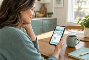 Woman at her kitchen table checking the Saafe BHS patient portal on her phone